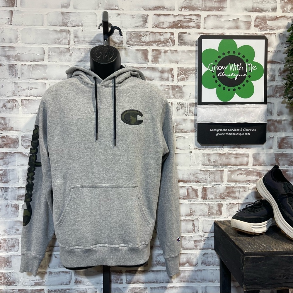 Champion Gray Hoodie with Black and camo Accents small